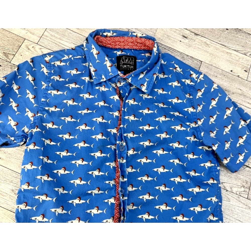 TUKTUK DESIGNS Boys 7-8 Years Blue Shark AOP Short Sleeve Button Up Shirt